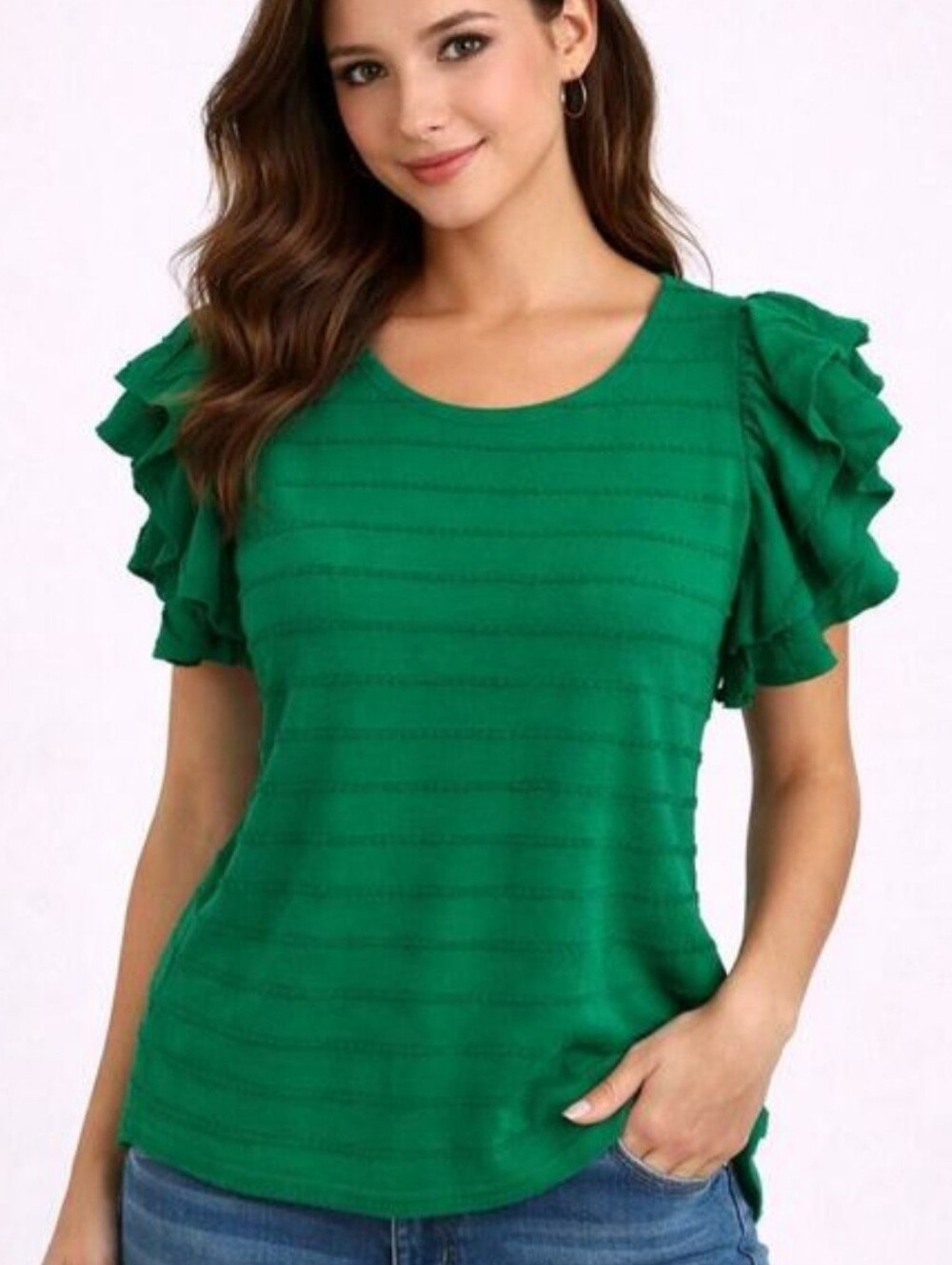 Anthropologie Emerald Green Ruffle Sleeve Top